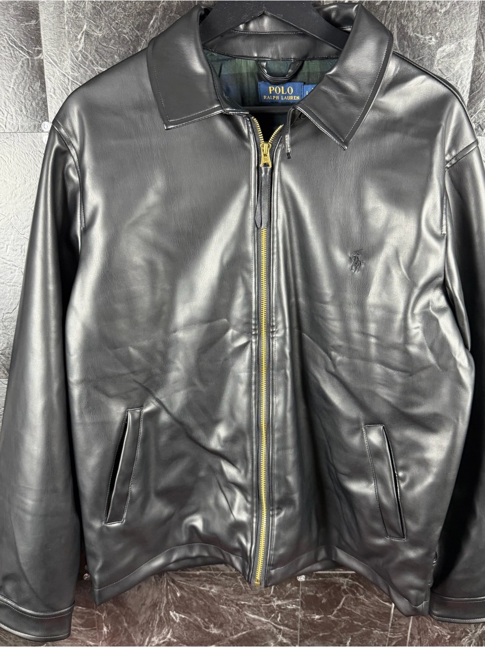Polo Ralph Lauren Black Plaid Faux Leather Bomber Harrington Jacket Large